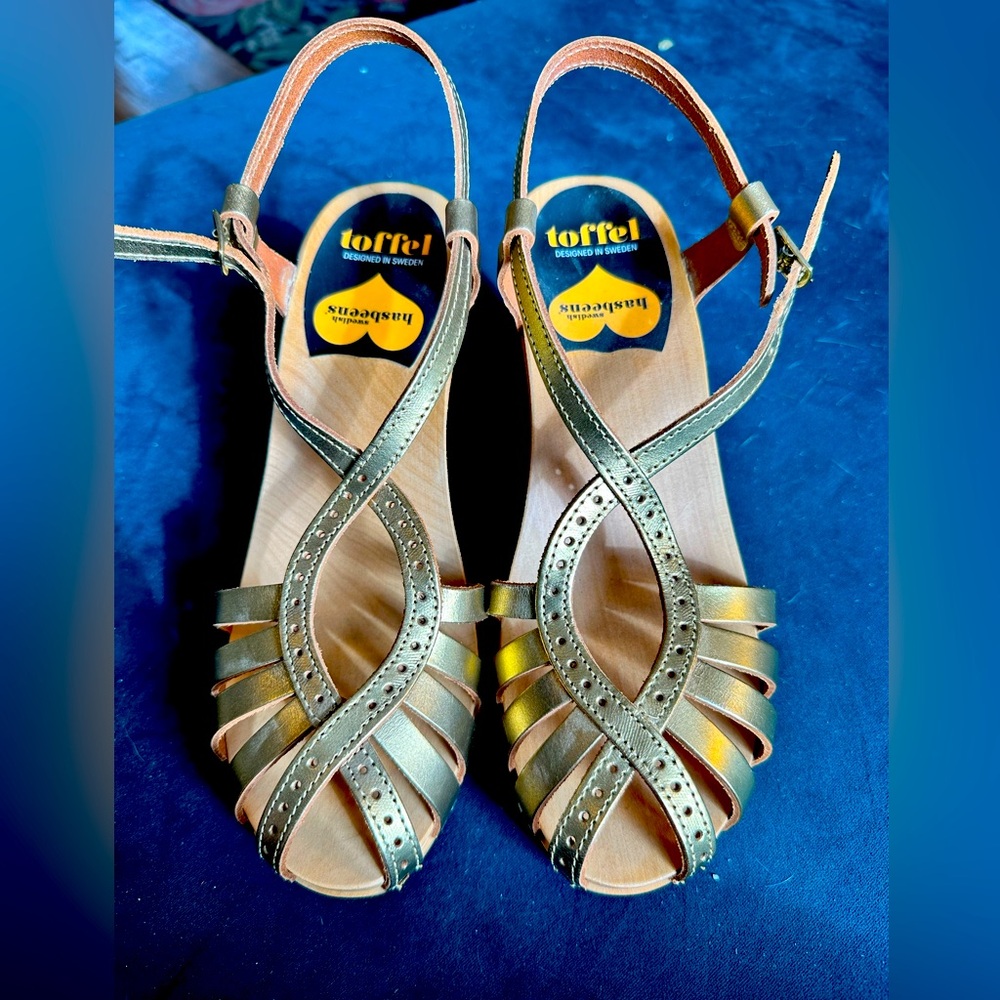 Swedish Hasbeens Gold Strappy Clogs